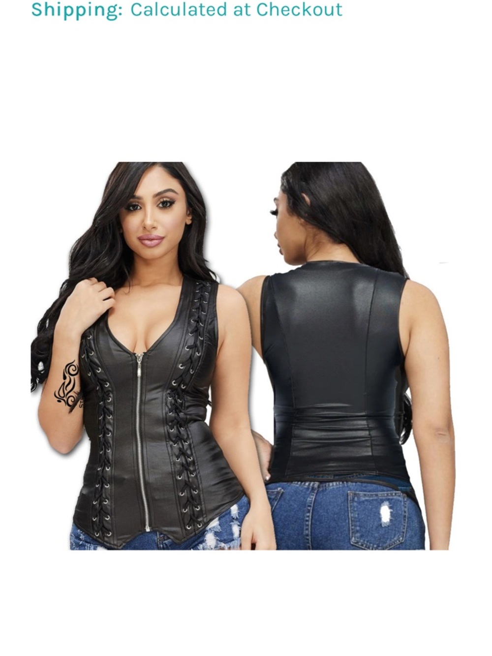 Black Faux Leather Lace-Up Zip Front Tank Top